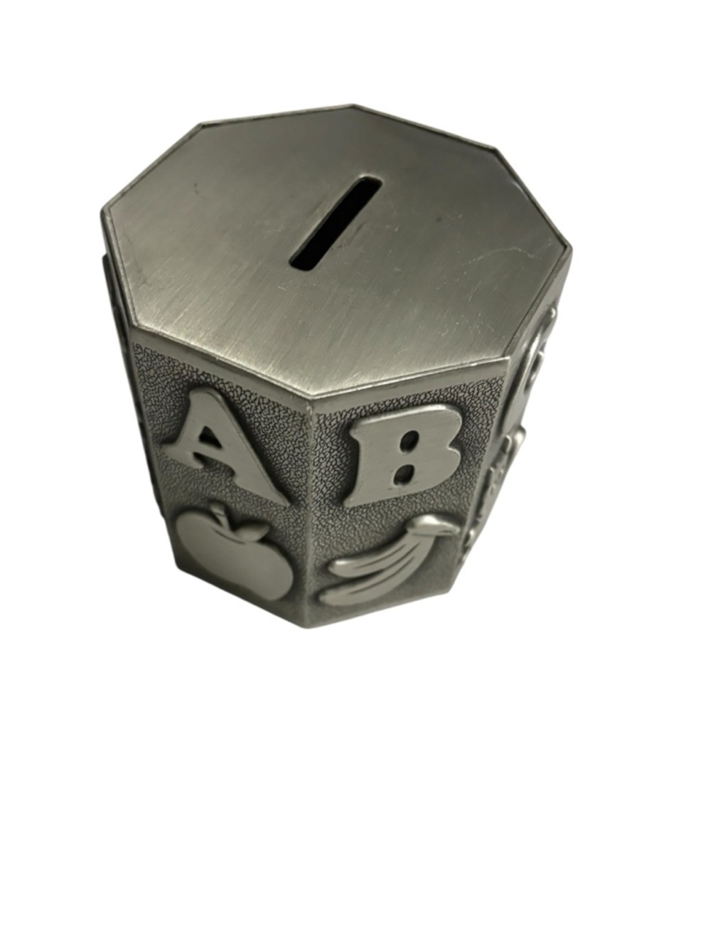 Alphabet Block Coin Bank. Kids Piggy Bank. White Metal
